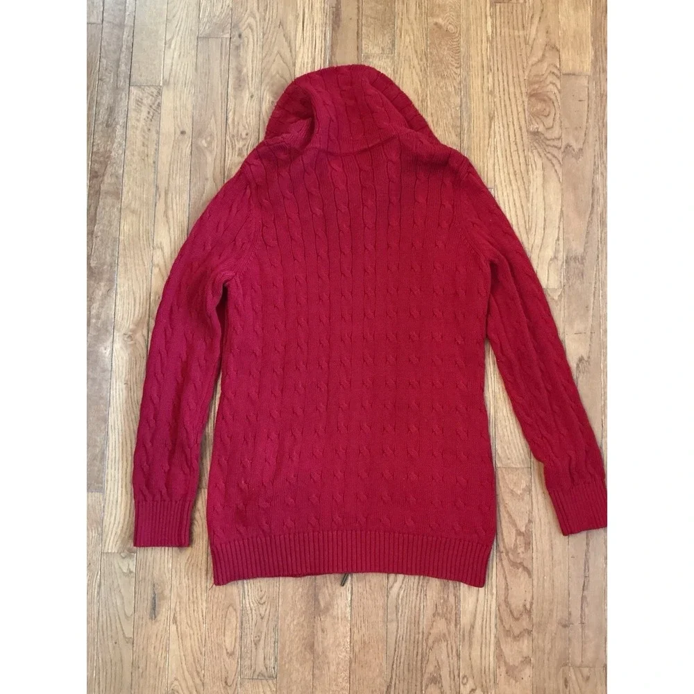 Lauren Ralph Lauren Sweater Womens L Red Cable Full Zip Brass Buckles Pockets